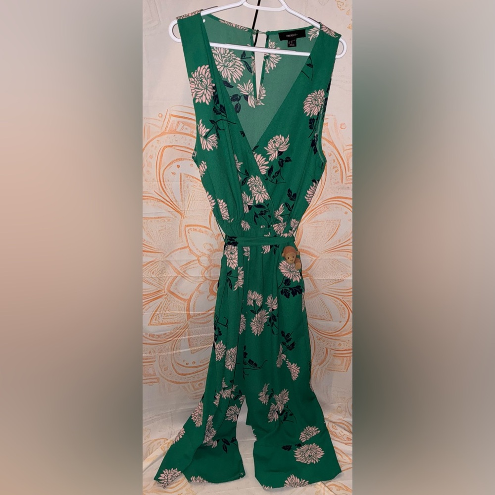 Forever 21 Green Sleeveless Wrap Jumpsuit w/ a Black Bird Print Mini Dress - Picture 1 of 14